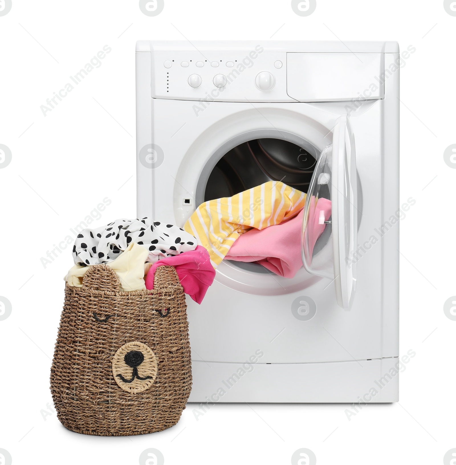 Photo of Washing machine and laundry basket with colorful clothes isolated on white