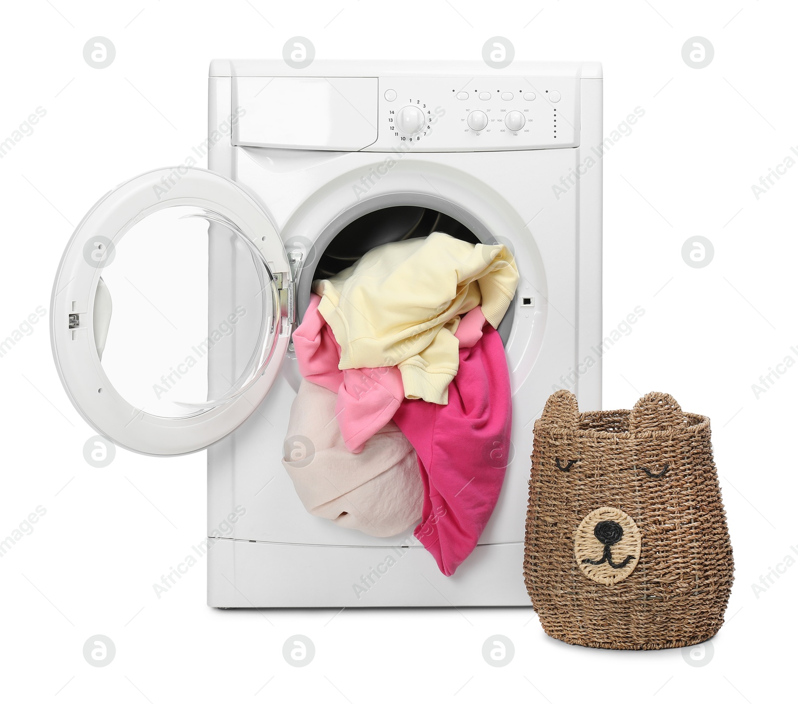 Photo of Washing machine with colorful clothes and laundry basket isolated on white