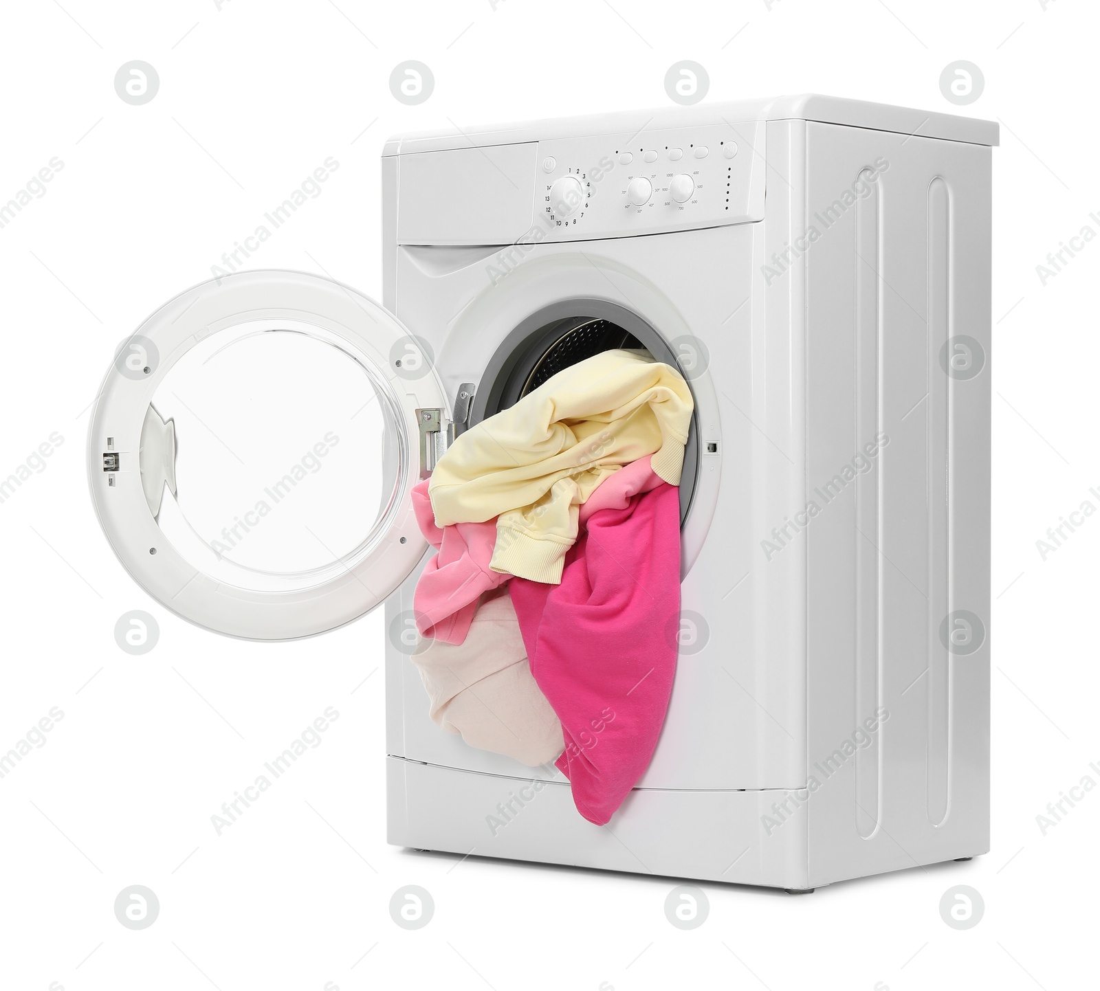 Photo of Washing machine full of colorful clothes isolated on white