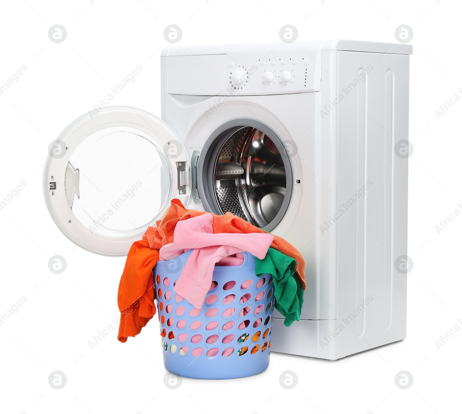 Photo of Washing machine and laundry basket with colorful clothes isolated on white