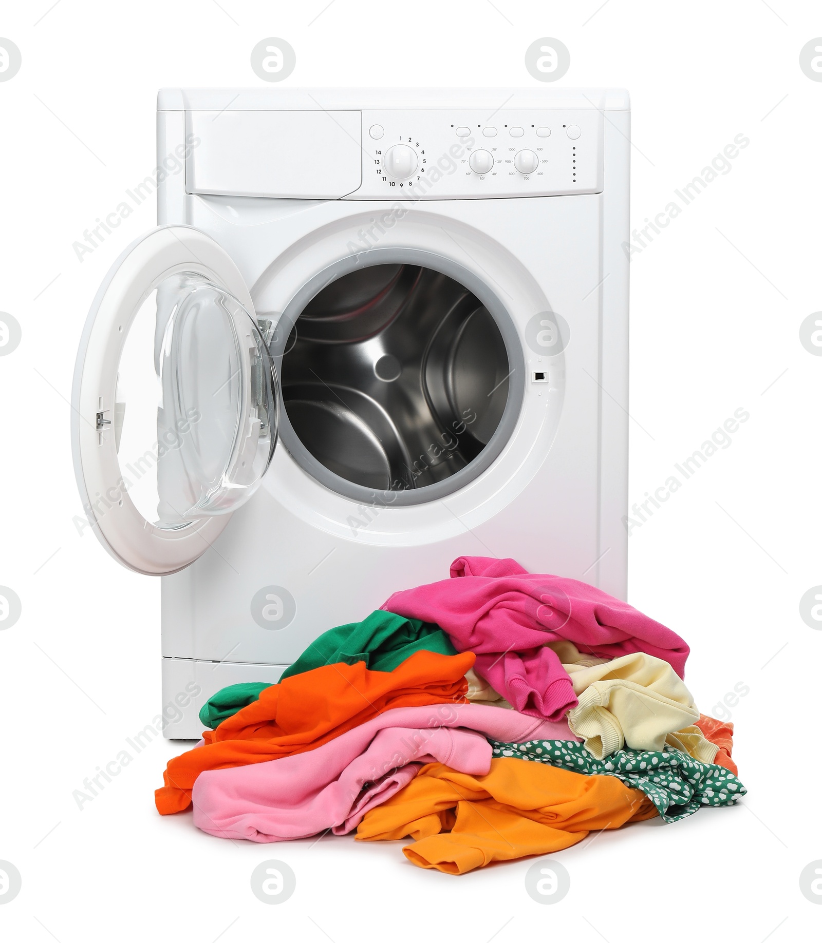 Photo of Washing machine and pile of colorful clothes isolated on white