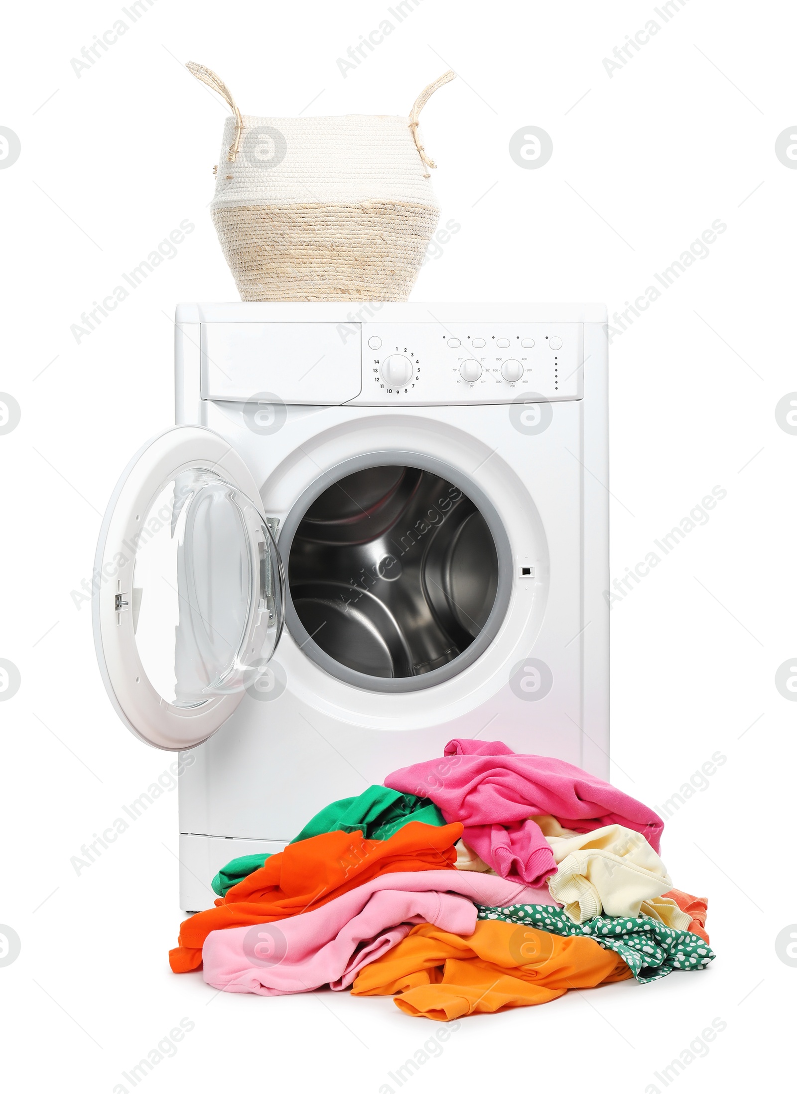 Photo of Washing machine, colorful clothes and basket isolated on white