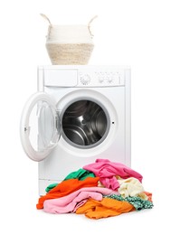 Photo of Washing machine, colorful clothes and basket isolated on white