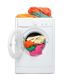 Photo of Washing machine full of colorful clothes isolated on white