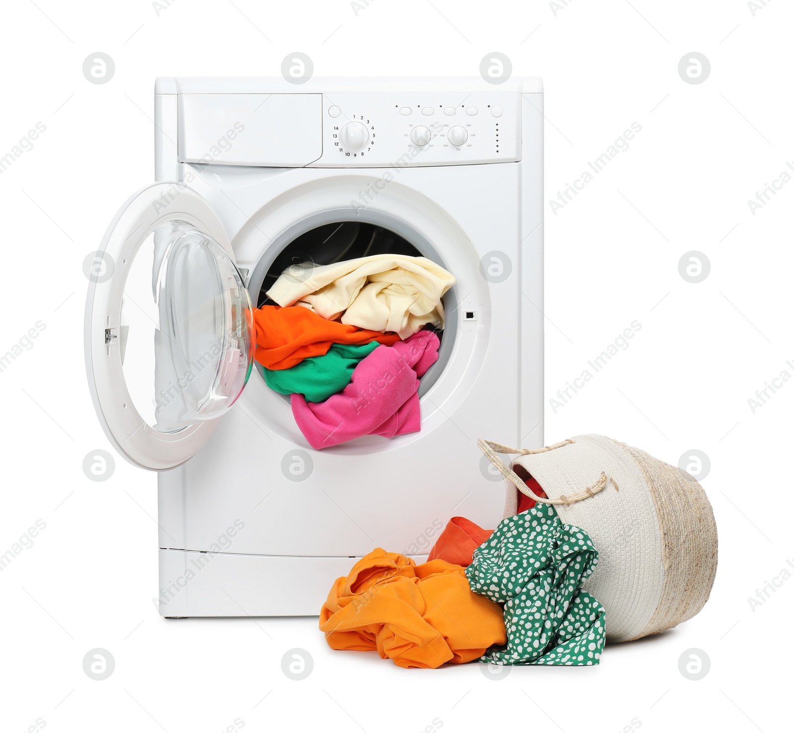 Photo of Washing machine and laundry basket with colorful clothes isolated on white