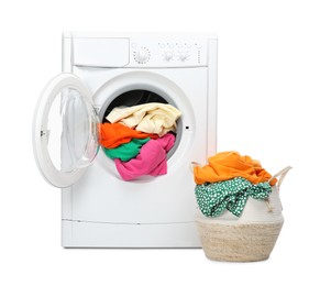 Photo of Washing machine and laundry basket with colorful clothes isolated on white