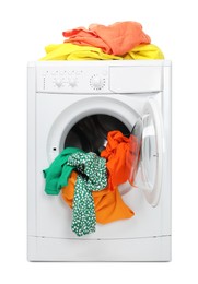 Photo of Washing machine full of colorful clothes isolated on white