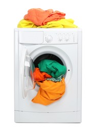 Photo of Washing machine full of colorful clothes isolated on white