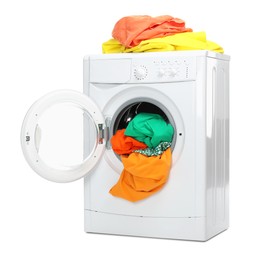 Photo of Washing machine full of colorful clothes isolated on white