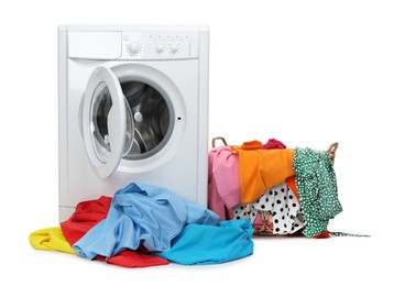 Photo of Washing machine and laundry basket with colorful clothes isolated on white