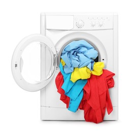 Photo of Washing machine full of colorful clothes isolated on white