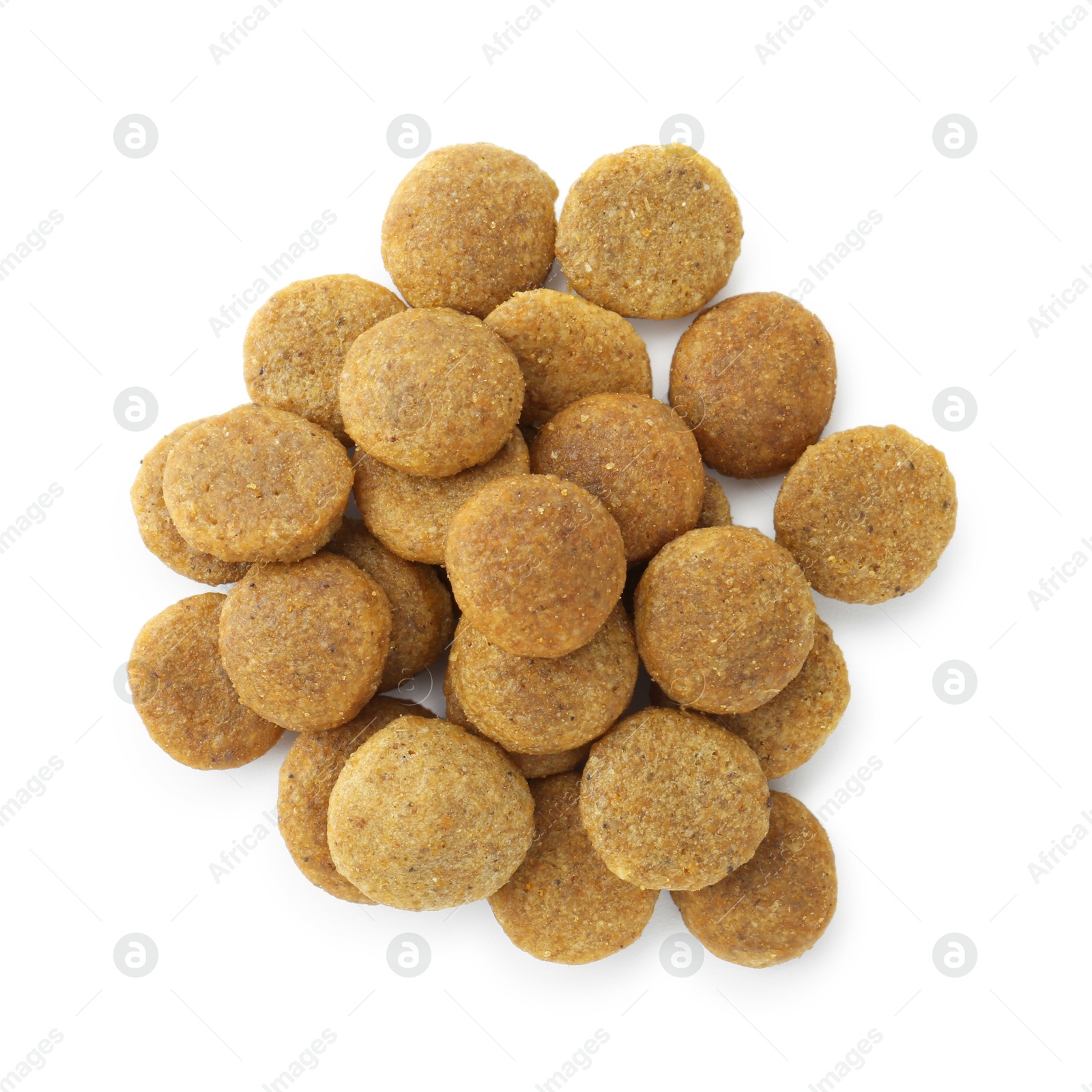 Photo of Dry pet food granules isolated on white, top view