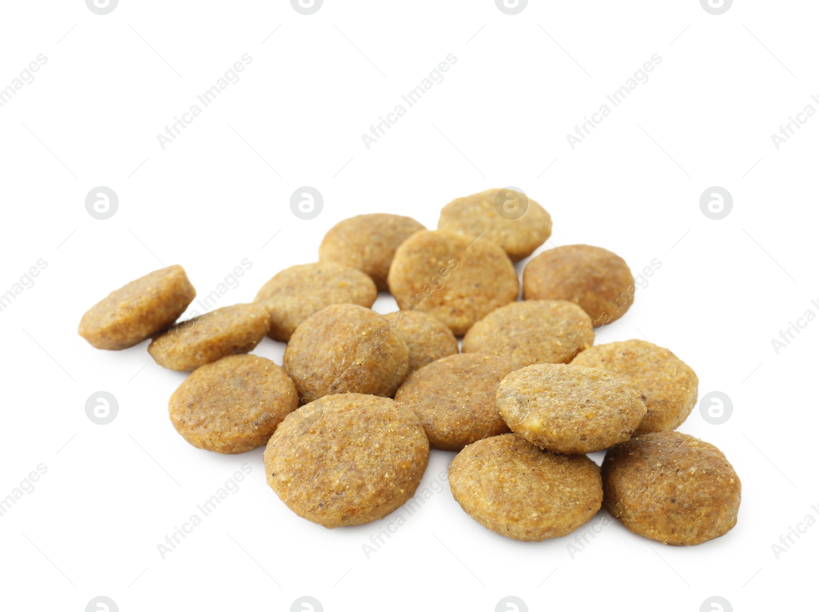 Photo of Dry pet food granules isolated on white