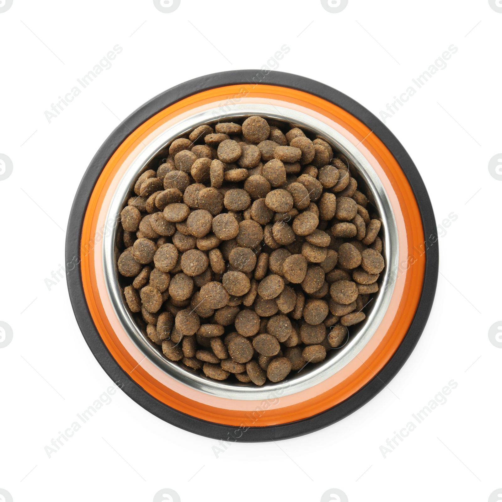 Photo of Dry pet food granules in feeding bowl isolated on white, top view