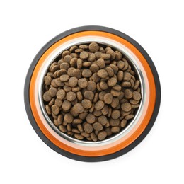 Dry pet food granules in feeding bowl isolated on white, top view