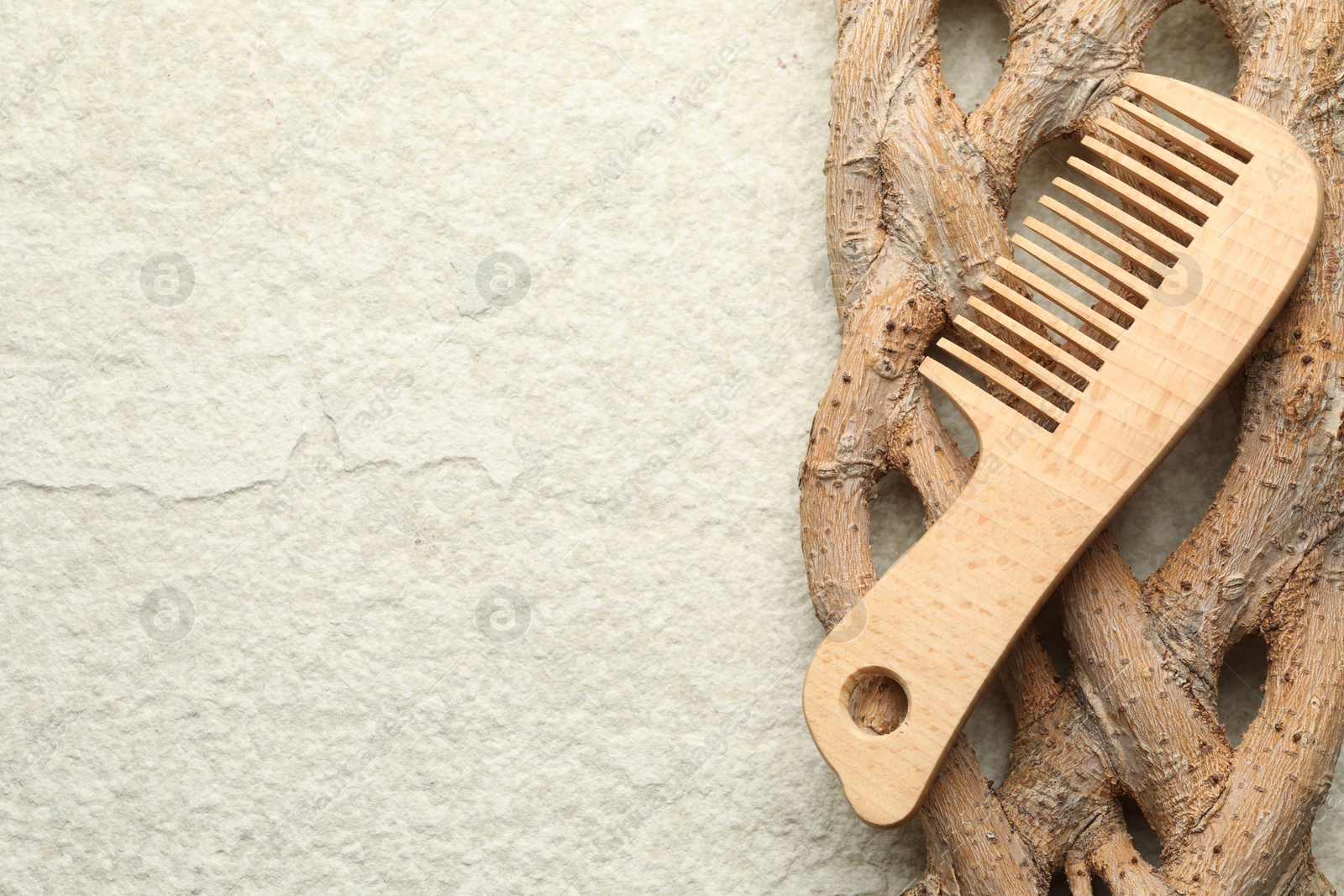 Photo of One wooden hair comb and tree branch on beige background, top view. Space for text