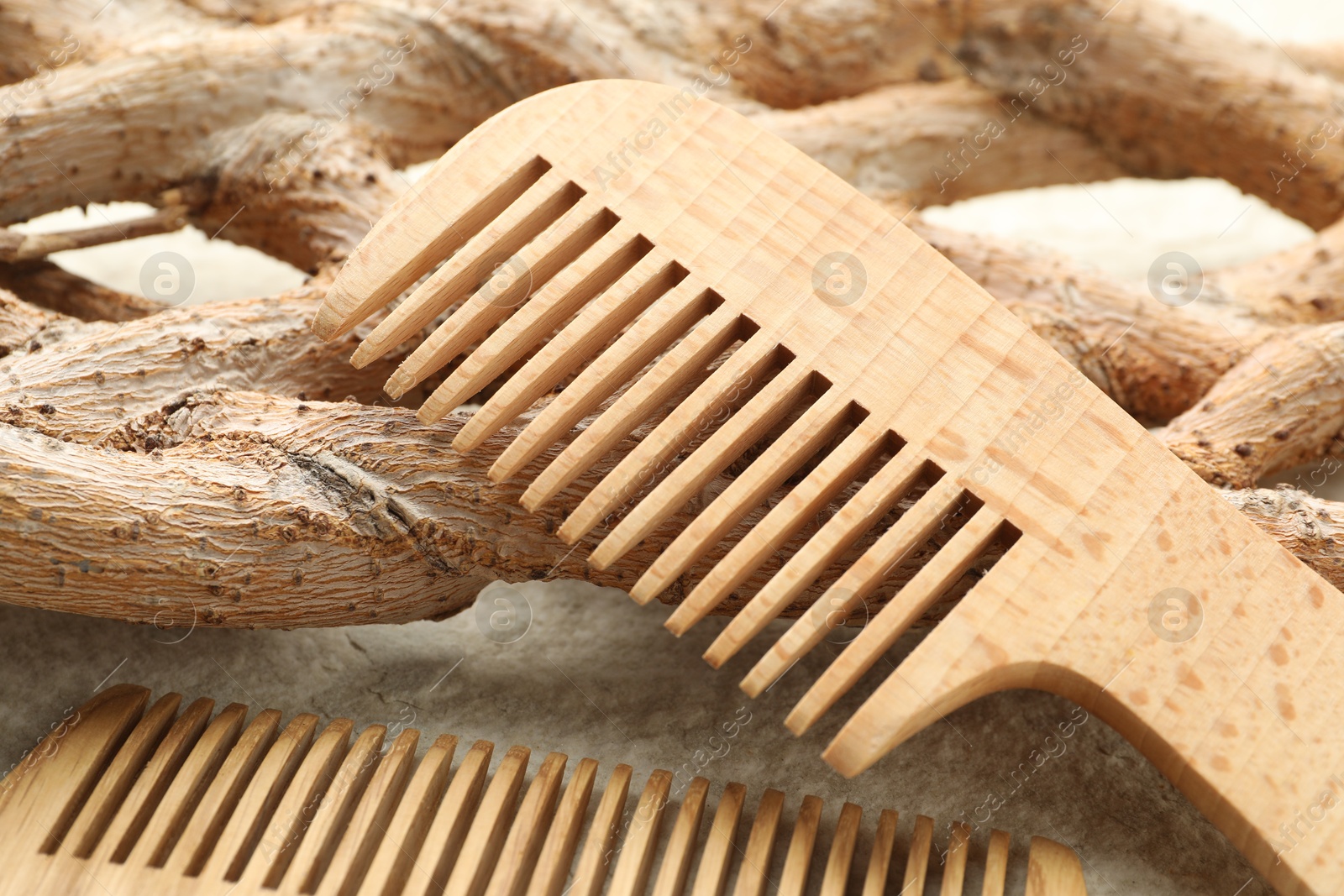 Photo of Wooden hair combs and tree branch on beige background, closeup