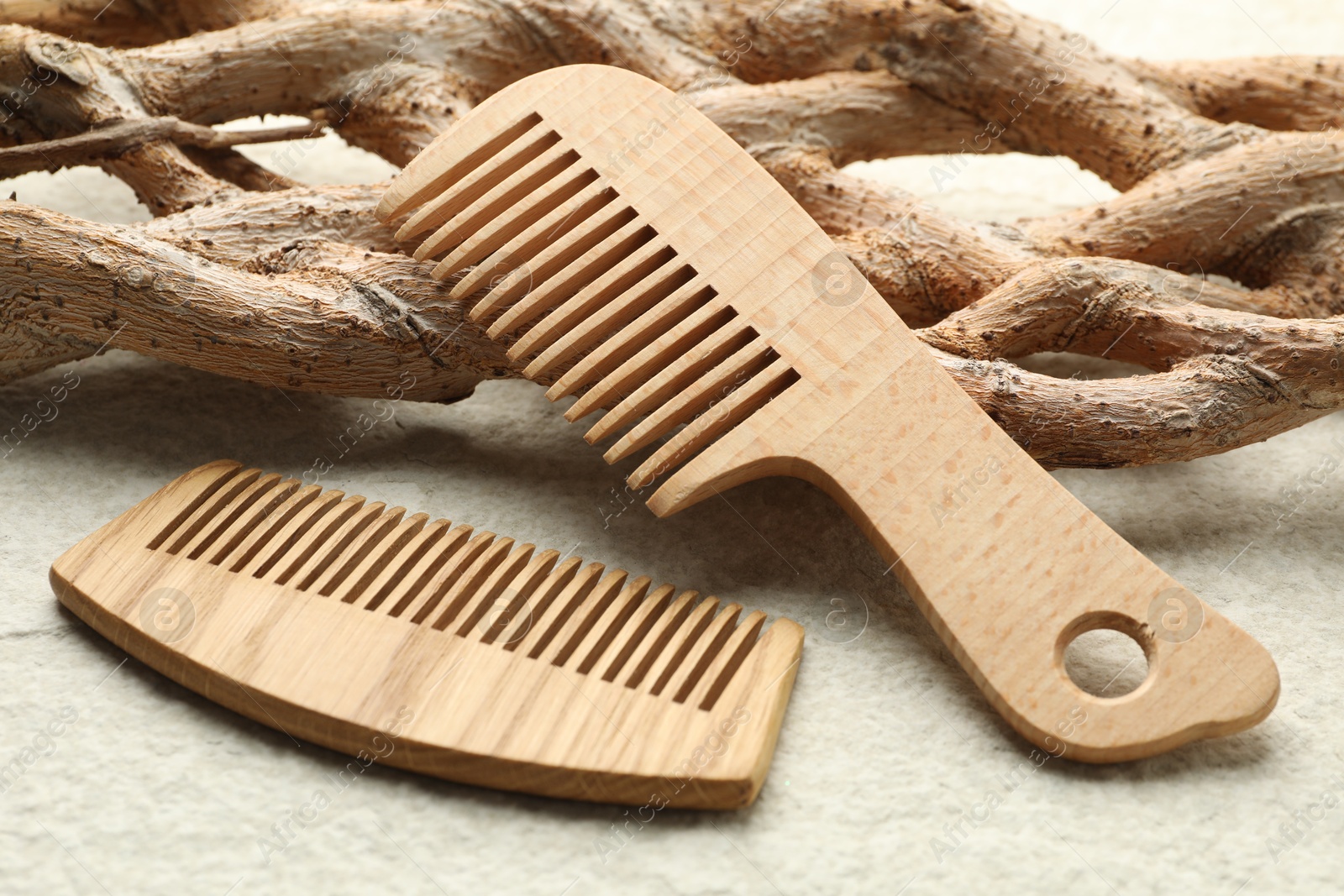 Photo of Wooden hair combs and tree branch on beige background, closeup