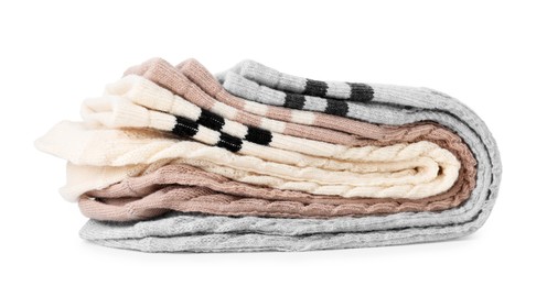 Photo of Many folded soft socks isolated on white