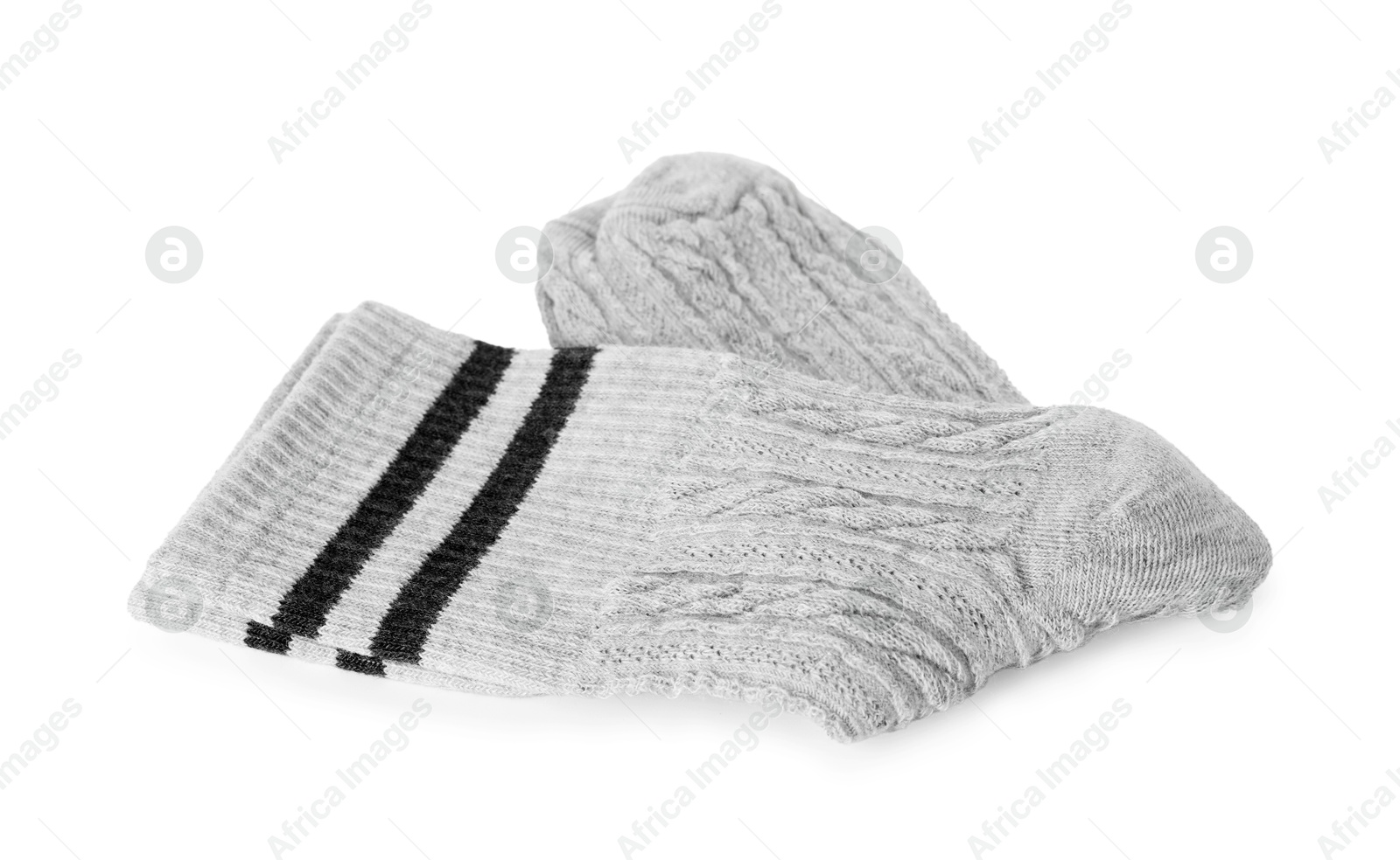 Photo of Pair of soft socks isolated on white