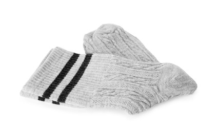 Photo of Pair of soft socks isolated on white