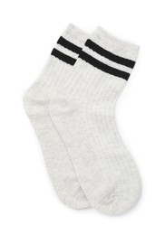 Photo of Pair of soft socks isolated on white, top view