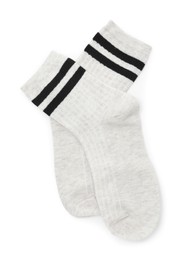 Photo of Pair of soft socks isolated on white, top view