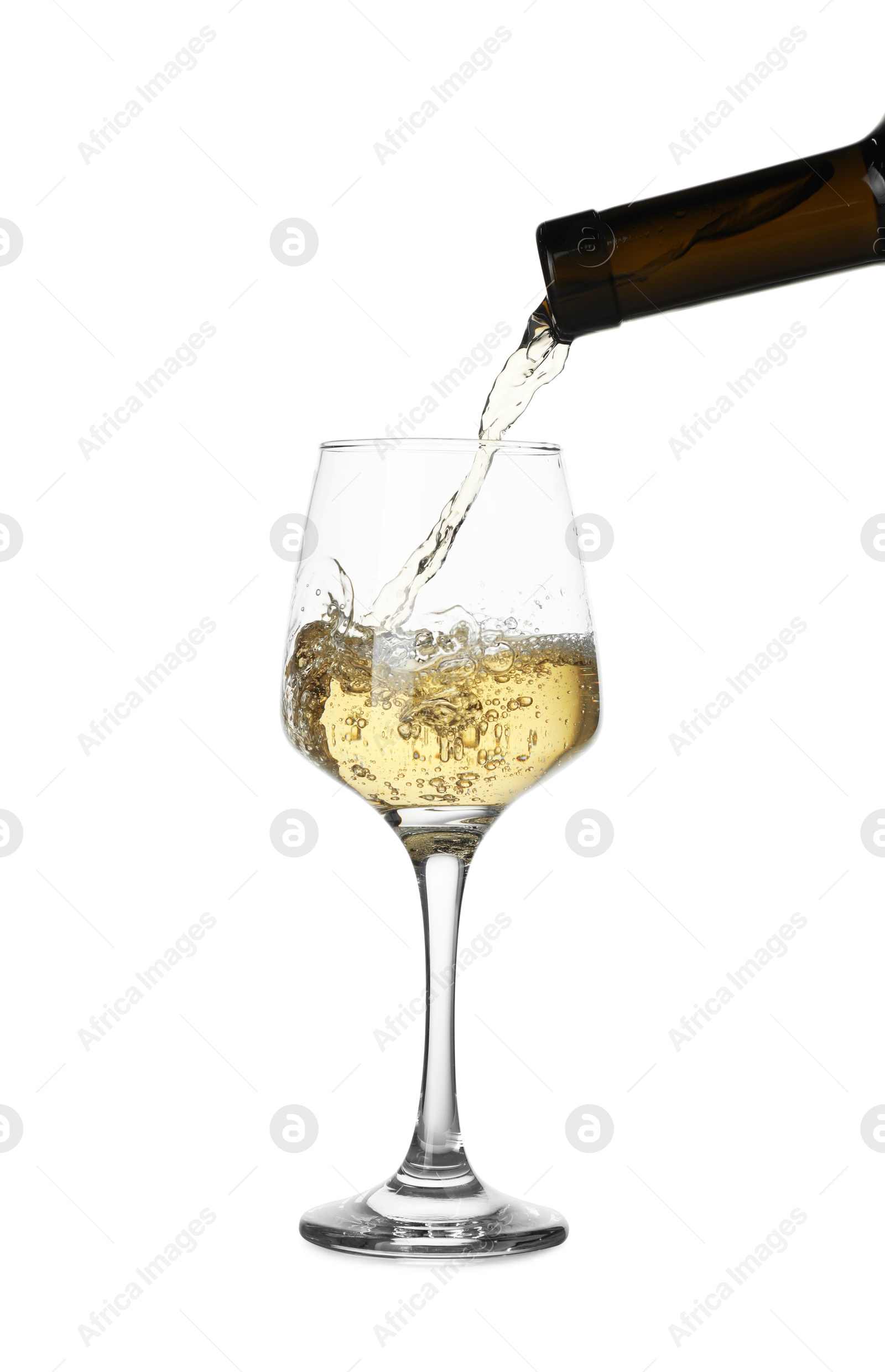 Photo of Pouring wine into glass on white background