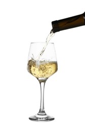 Photo of Pouring wine into glass on white background