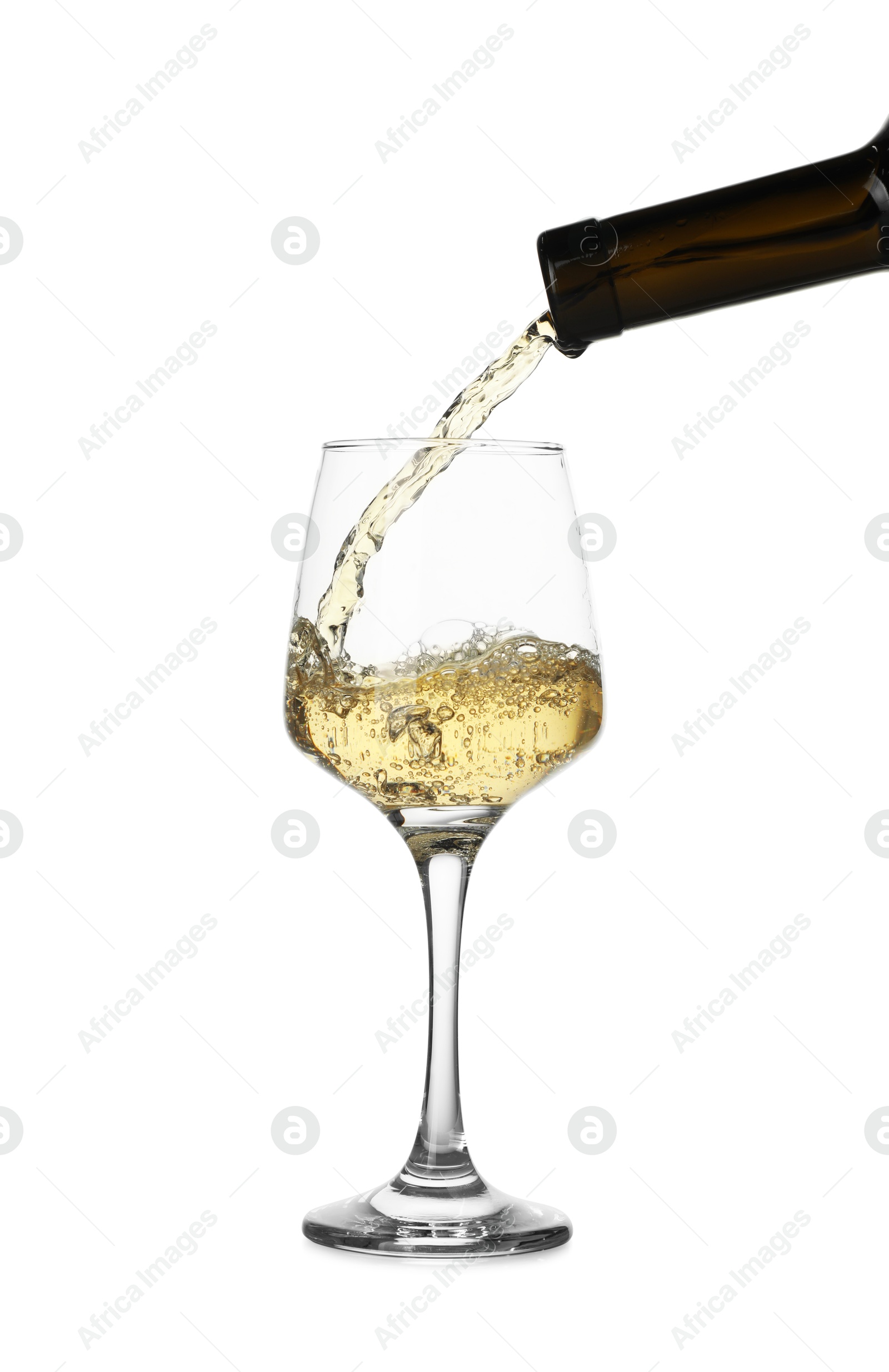 Photo of Pouring wine into glass on white background