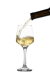 Photo of Pouring wine into glass on white background