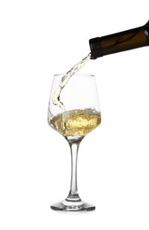 Photo of Pouring wine into glass on white background