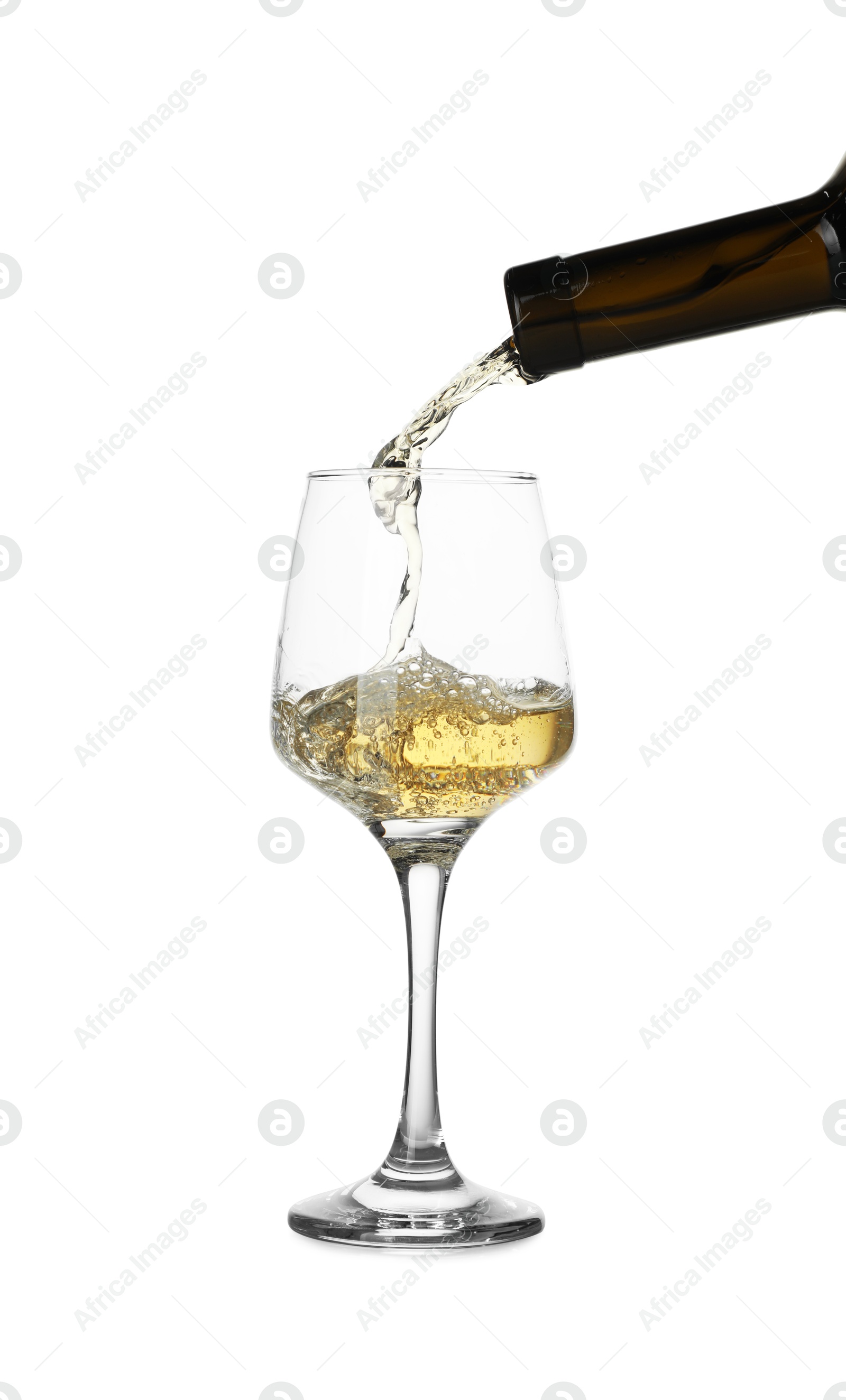 Photo of Pouring wine into glass on white background