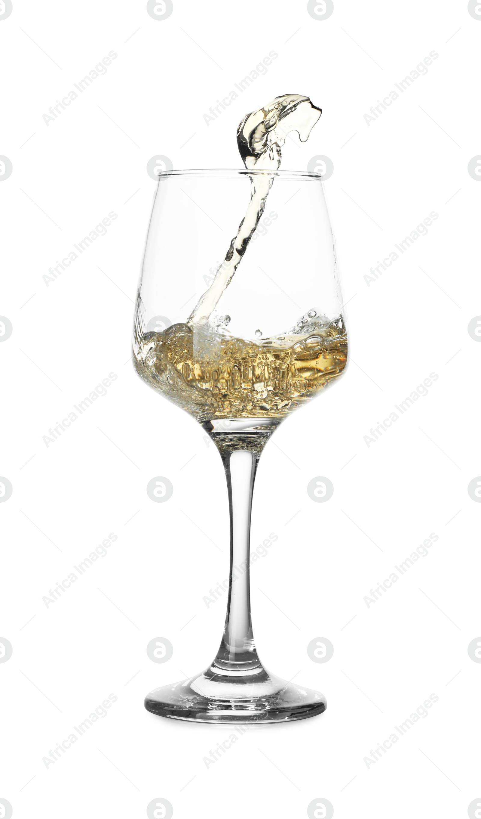 Photo of Tasty wine splashing in glass on white background