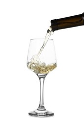 Photo of Pouring wine into glass on white background