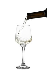 Photo of Pouring wine into glass on white background