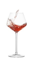 Photo of Tasty wine splashing in glass on white background