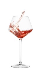 Photo of Tasty wine splashing in glass on white background