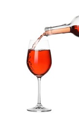 Photo of Pouring wine into glass on white background