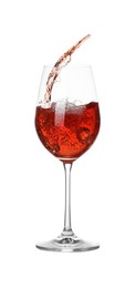 Photo of Tasty wine splashing in glass on white background