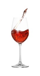 Photo of Tasty wine splashing in glass on white background