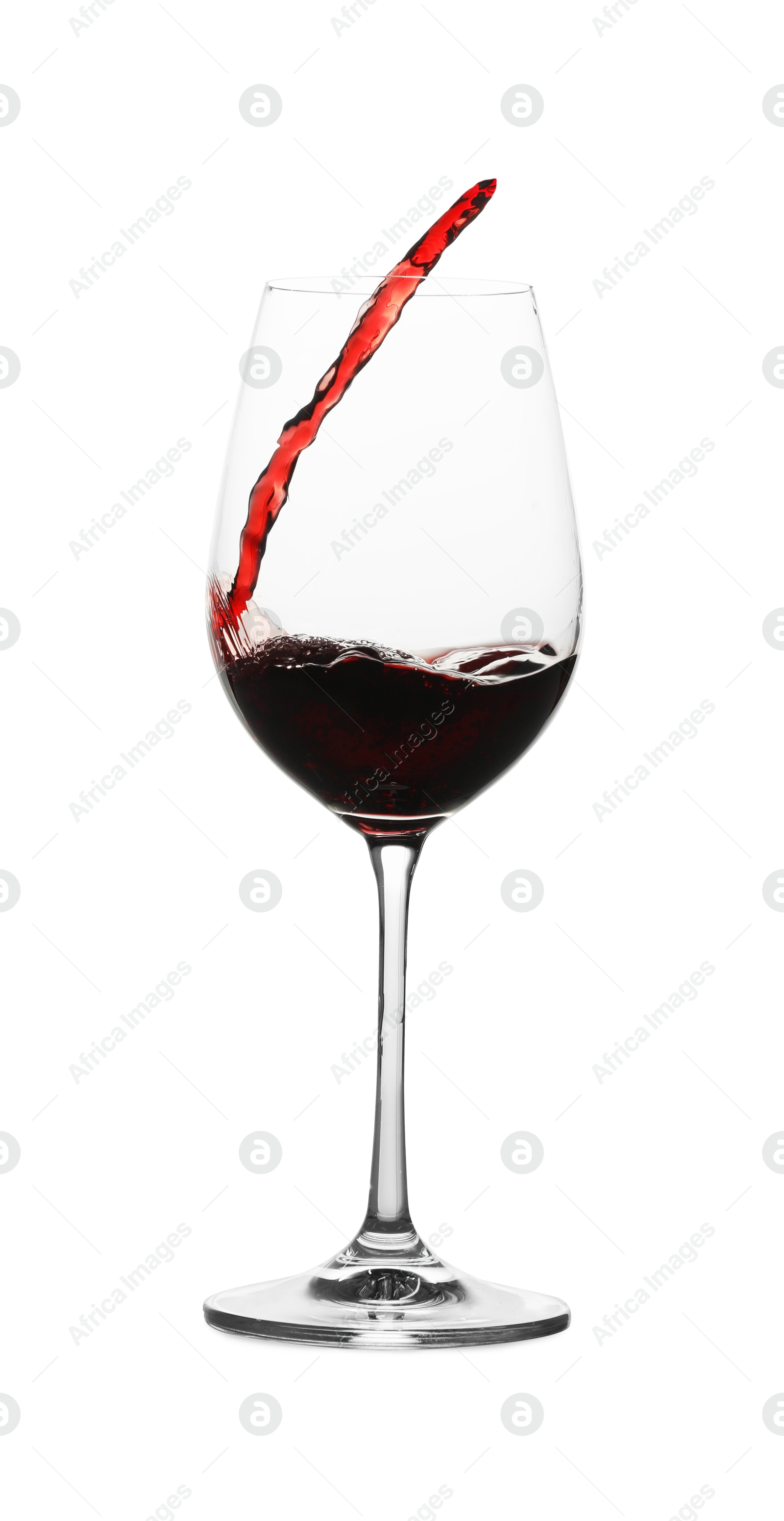 Photo of Tasty wine splashing in glass on white background