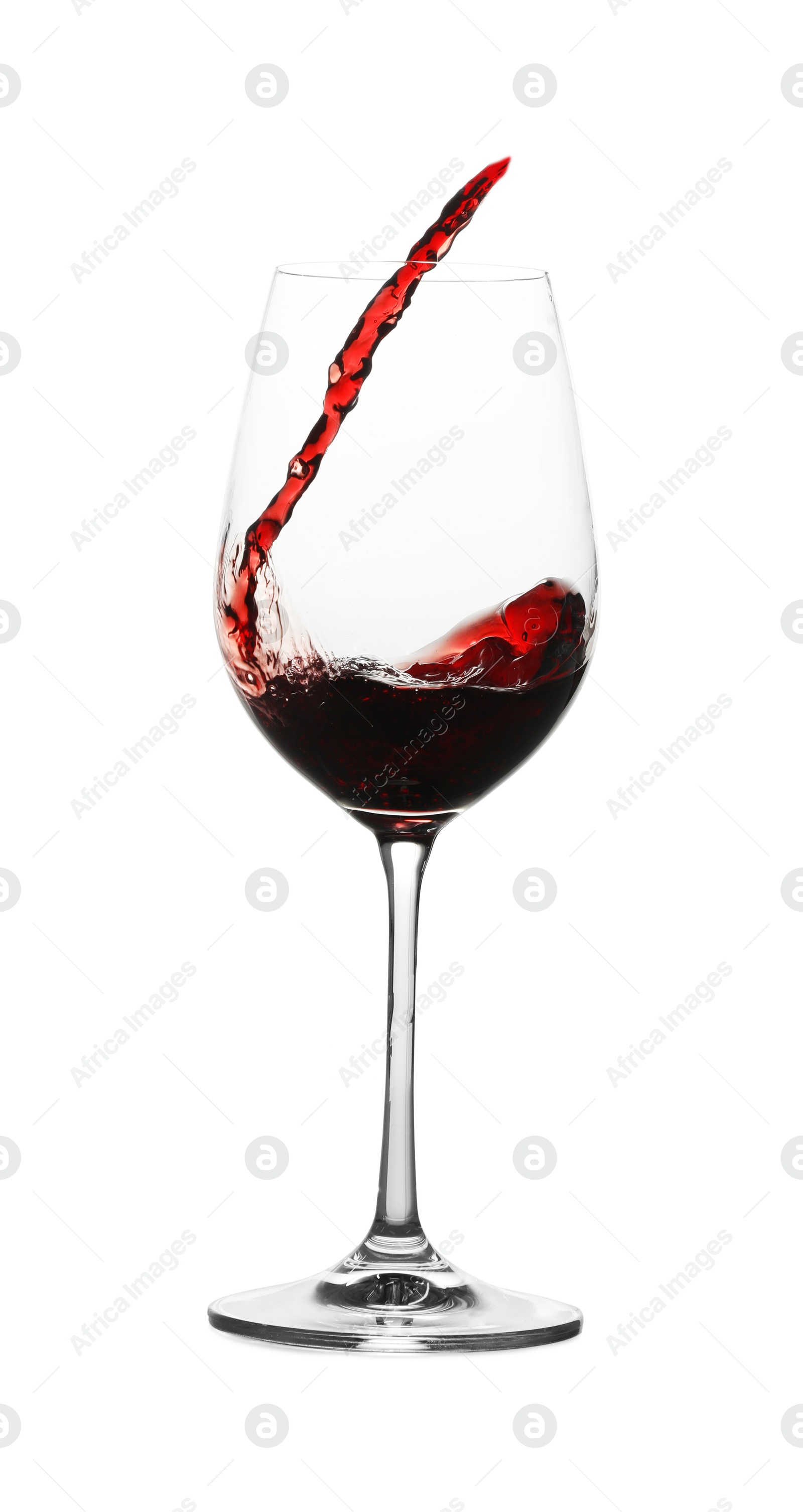 Photo of Tasty wine splashing in glass on white background