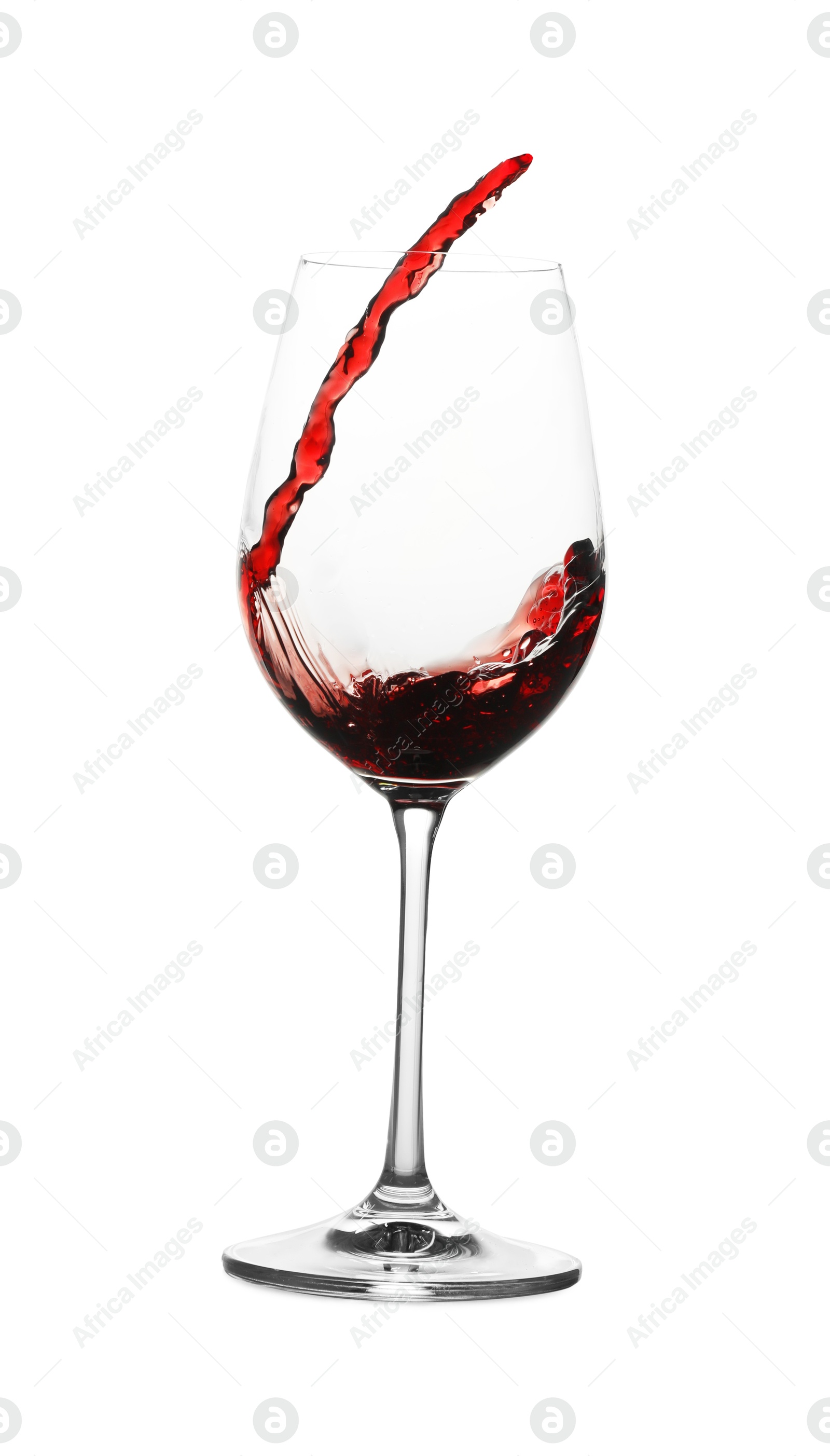 Photo of Tasty wine splashing in glass on white background