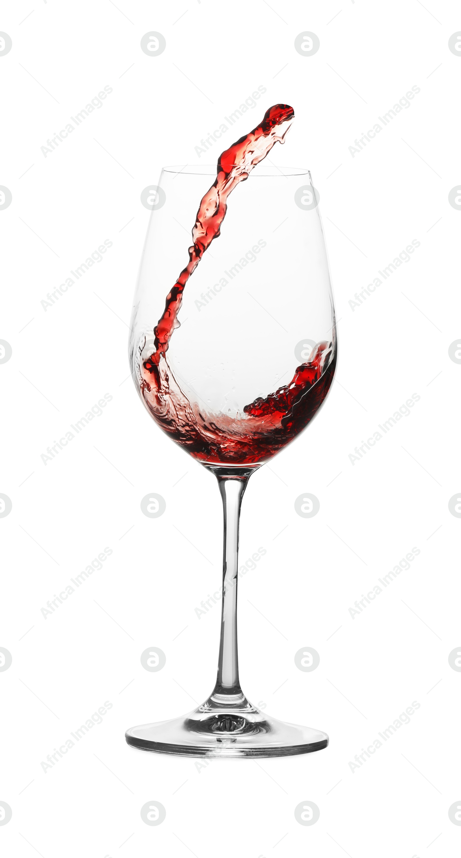 Photo of Tasty wine splashing in glass on white background