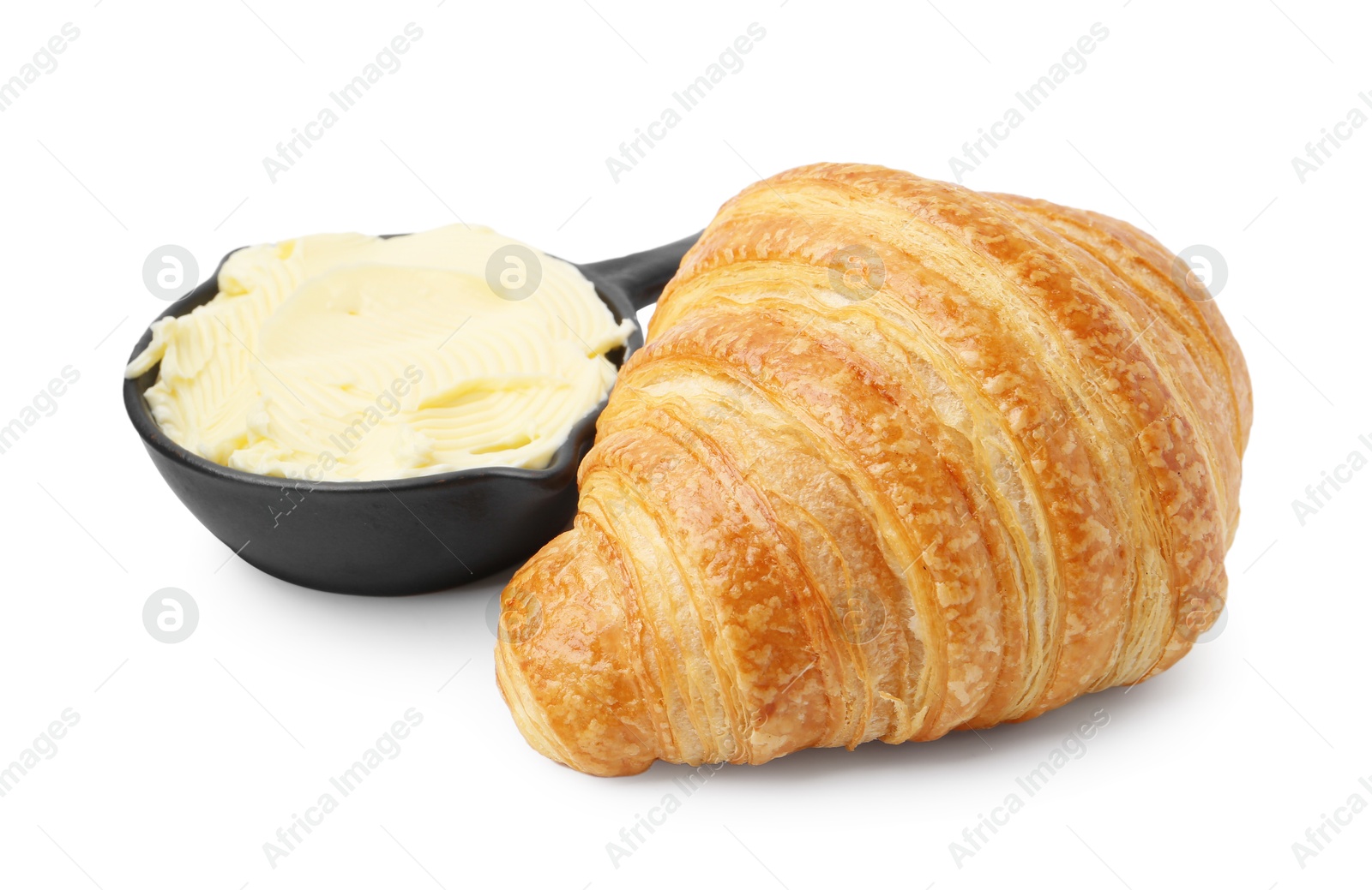 Photo of Delicious fresh croissant and butter isolated on white