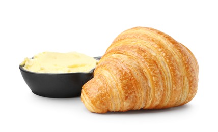 Photo of Delicious fresh croissant and butter isolated on white