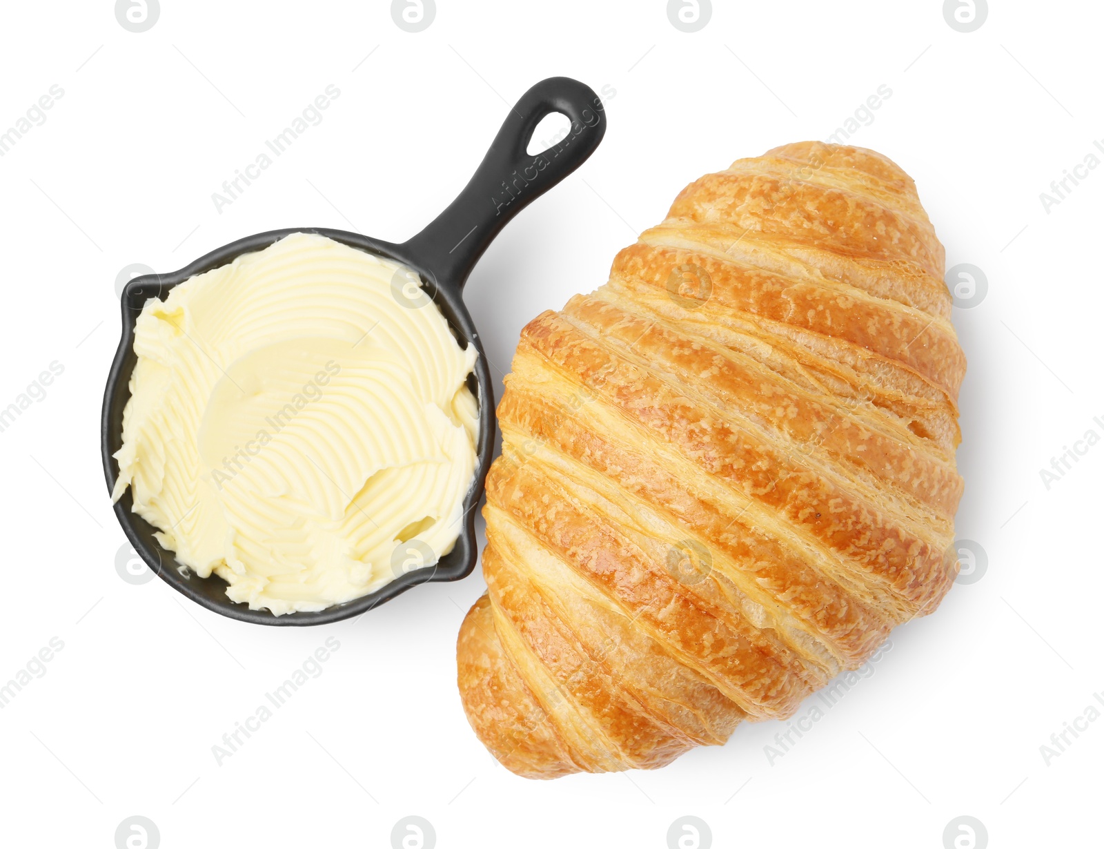 Photo of Delicious fresh croissant and butter isolated on white, top view