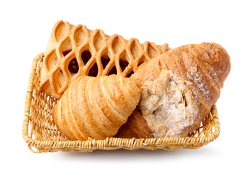 Photo of Different delicious pastries in basket isolated on white