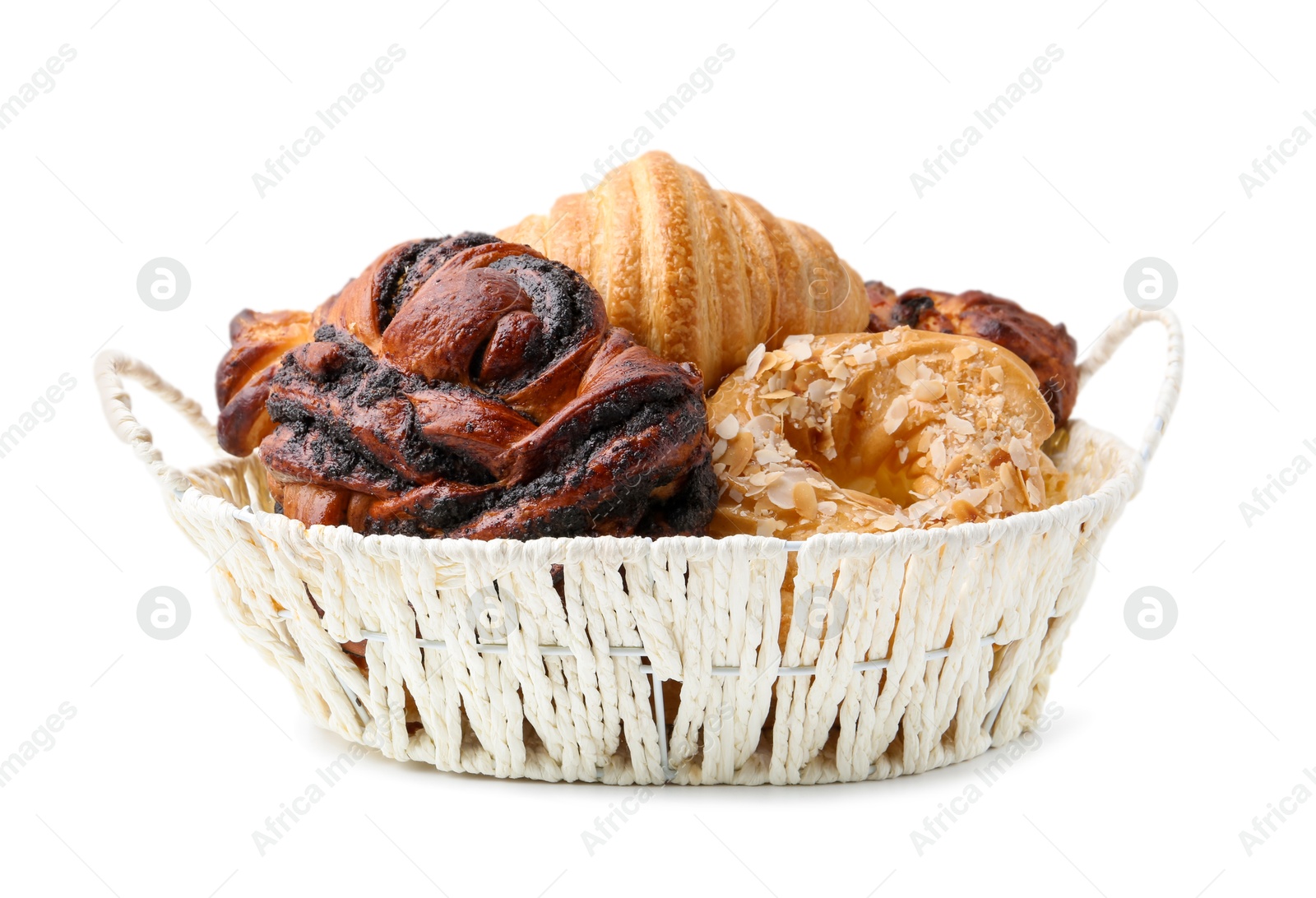 Photo of Different delicious pastries in basket isolated on white